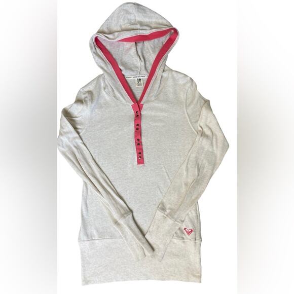Roxy -‎ Thin Long Sleeve Pullover Hoodie - 100% Cotton - Size M - Cream & Pink - Picture 1 of 6